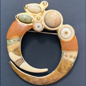 Vintage ECD 3 Enamel Stone Signed Pin/Broach, Gold Tone 2.5 Across